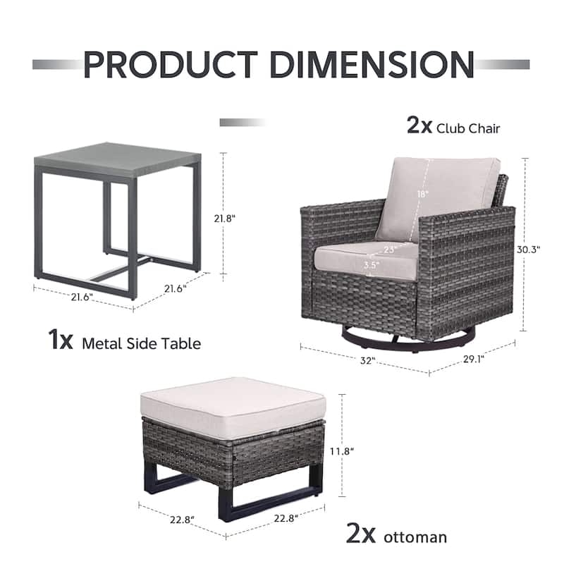 5 Pieces Pocassy Glider Chairs Ottomans with Side Table - Gray Wicker - Beige cushion