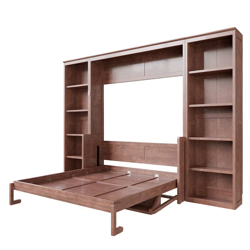 Dark Brown Murphy Bed with Bookshelf and Desk