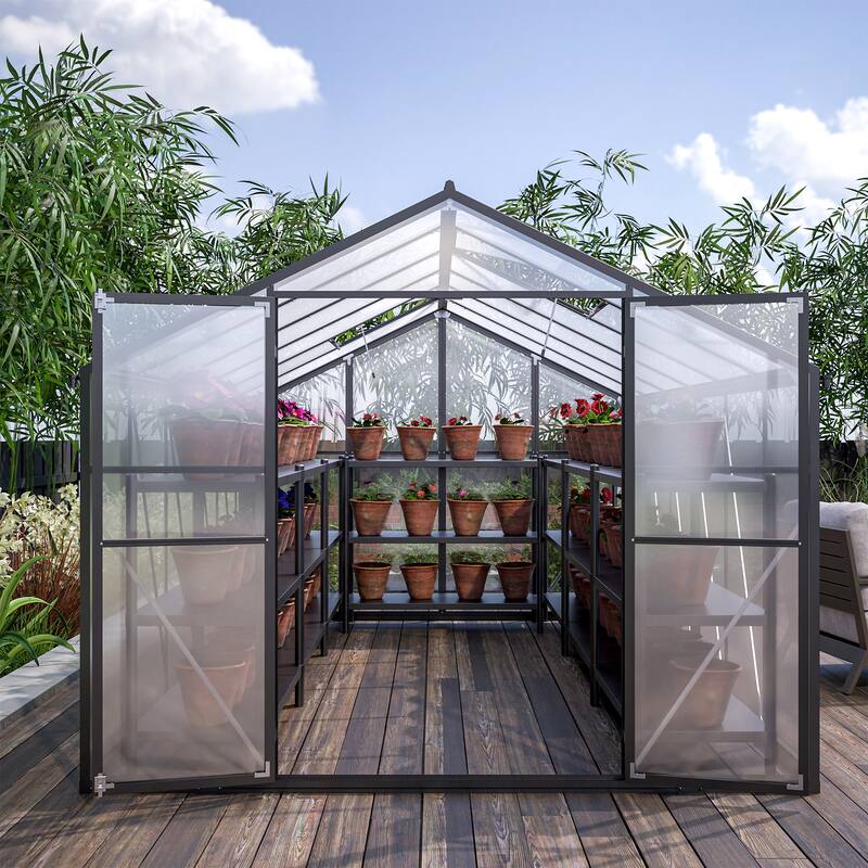 8' x 12' Outdoor Greenhouse, Heavy Duty Polycarbonate Greenhouse, Large Walk-in Greenhouse with Double Doors