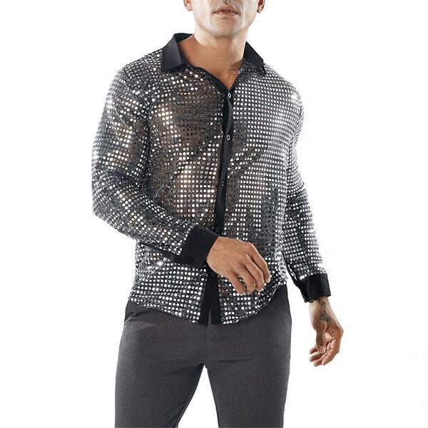 Shop Mens Hipster Gold Dress Shirts Slim Fit Long Sleeve Mesh