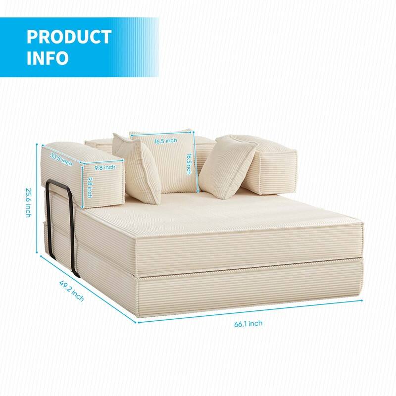 Mixoy 66" Convertible Sleeper Sofa Bed with Pillows, Folding Mattress Couch, Removable Washable Floor Sofa for Small Spaces