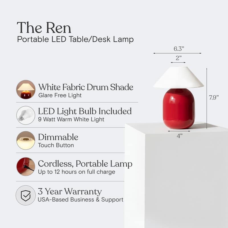 Ren LED 7.87 in Glossy Red Midcentury Modern Urn Dimmable Cordless Portable Rechargeable Bedside Nightstand Desk Lamp