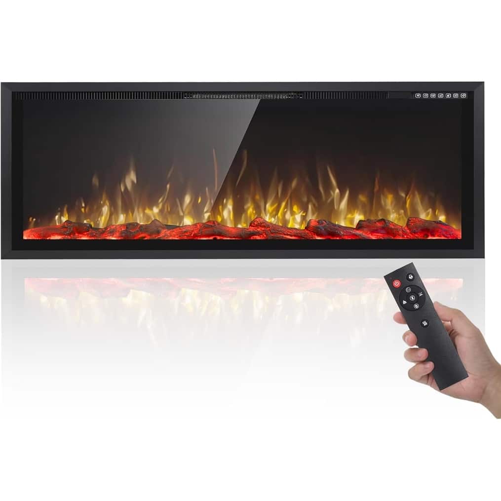 BOSSIN Recessed Wall Mount Electric Fireplace - Ultra-Narrow Frame, Low Noise, Remote w/Timer, Adjustable Flame Color & Speed