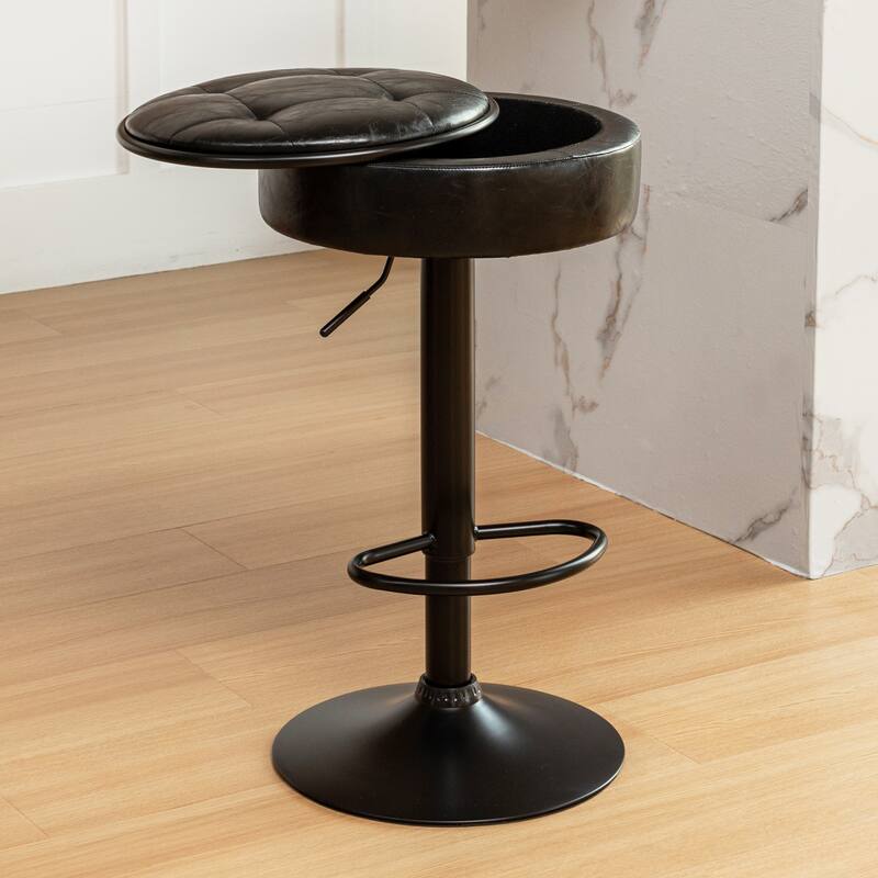 Round Storage Bar Stool Set of 2, Swivel Counter Height Chairs with Metal Frame, Faux Leather Armless Bar Chair