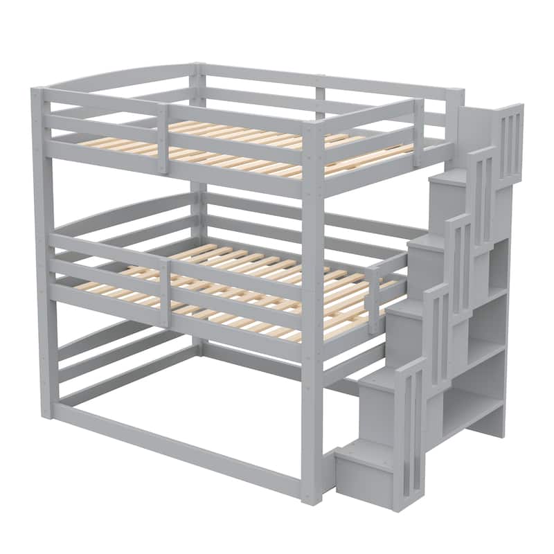 Full Size Triple Bunk Bed with Storage Staircase, Separate Design for Multiple Sleepers