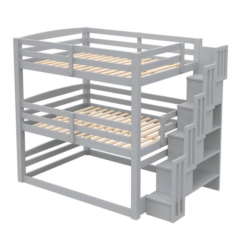Triple Bunk Bed Twin Size Floor Bed with Storage Staircase