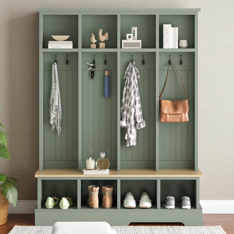 Farmhouse 59 in Hall Tree with 8 Hooks, Bench with Open Cubbies, 76.7 in H Entryway Coat & Shoe Organizer