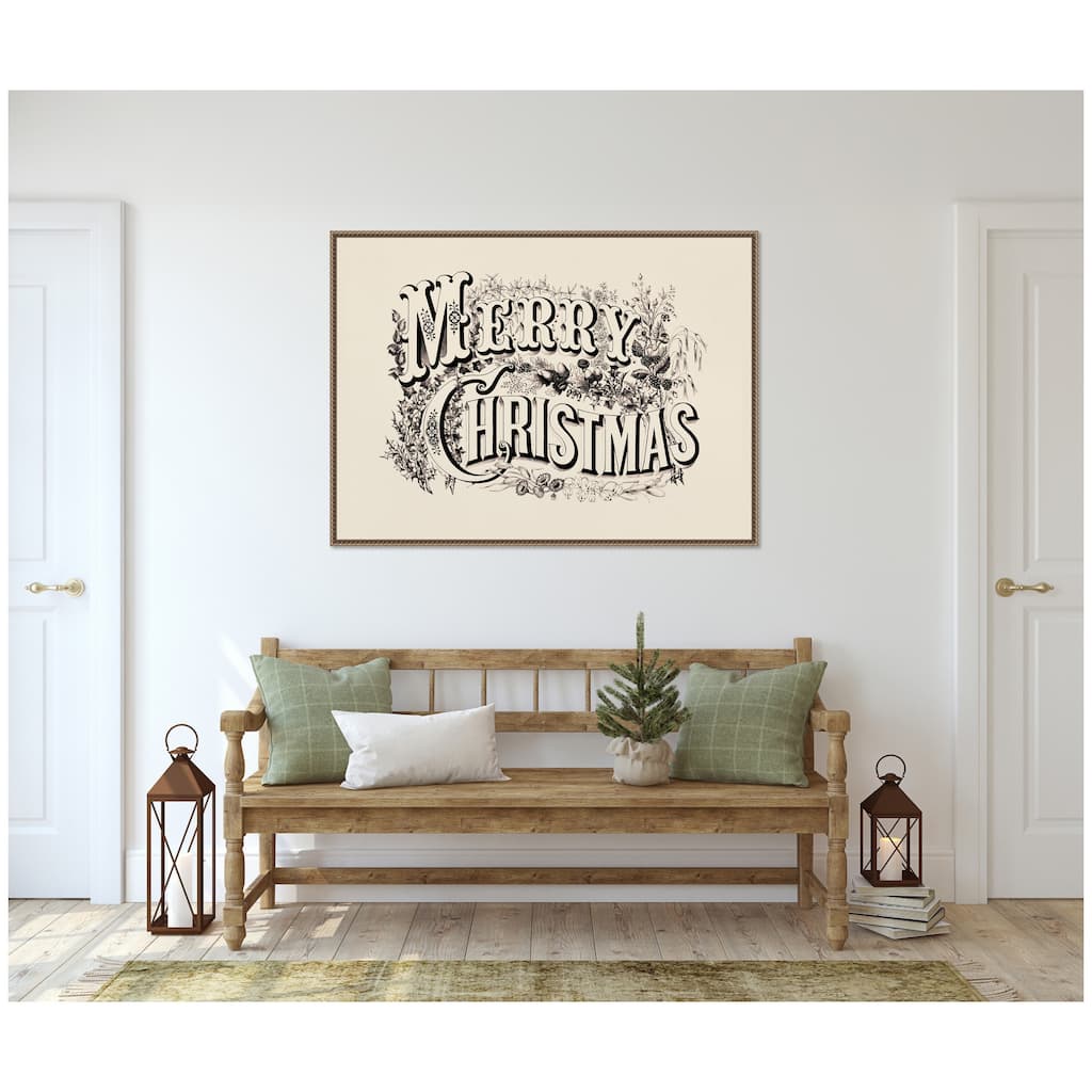Kate and Laurel Sylvie Beaded Vintage Merry Christmas Ornate Embellished Typography Framed Canvas by Corinna Buchholz of Piddix