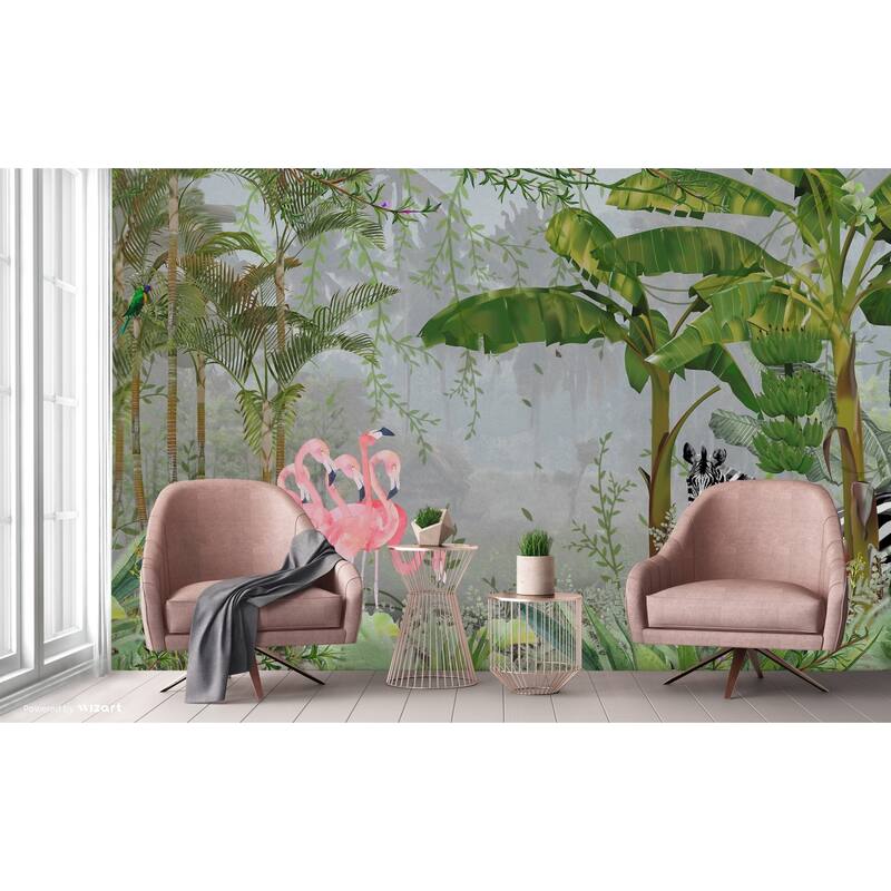 Exotic Tropical Jungle Wallpaper Mural Flamingos and Zebra