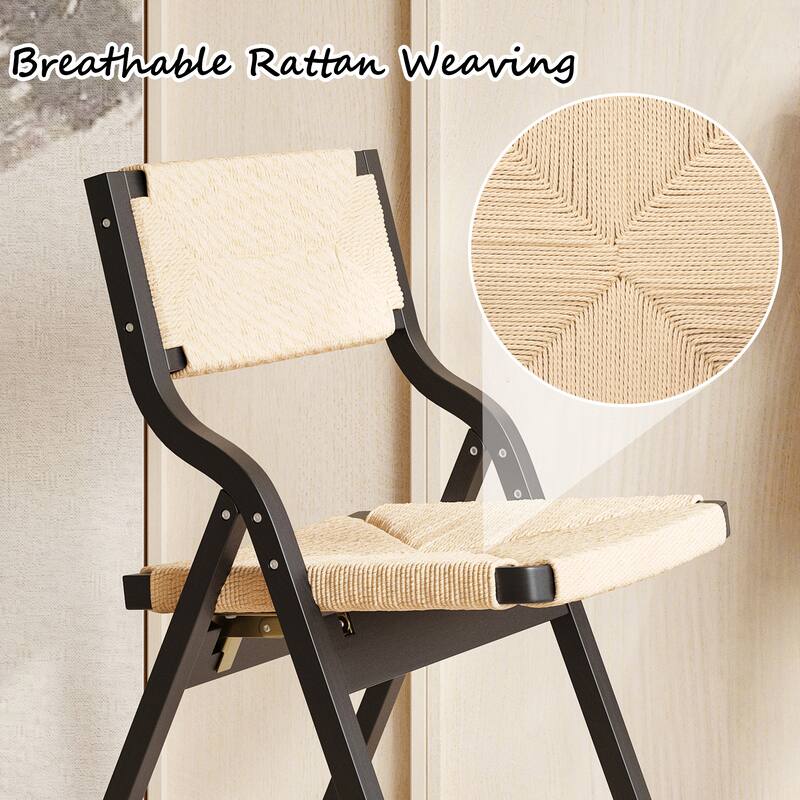 Foldable Chairs Wooden Stackable Dining Chairs for Kitchen & Dining Room Chair Woven Seat & Webbing Back, Dining Chair Set of 2