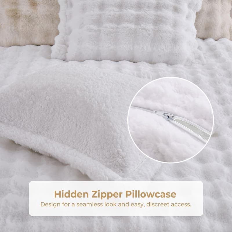3 Pieces Fluffy Faux Rabbit Fur Comforter Set, Plush Fuzzy Bedding Set for Winter