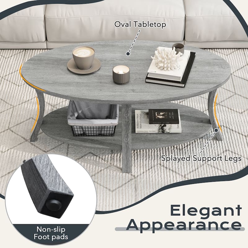 Gymax 2-Tier Oval Coffee Table w/ Storage Shelf Rubber Wood Accent Tea
