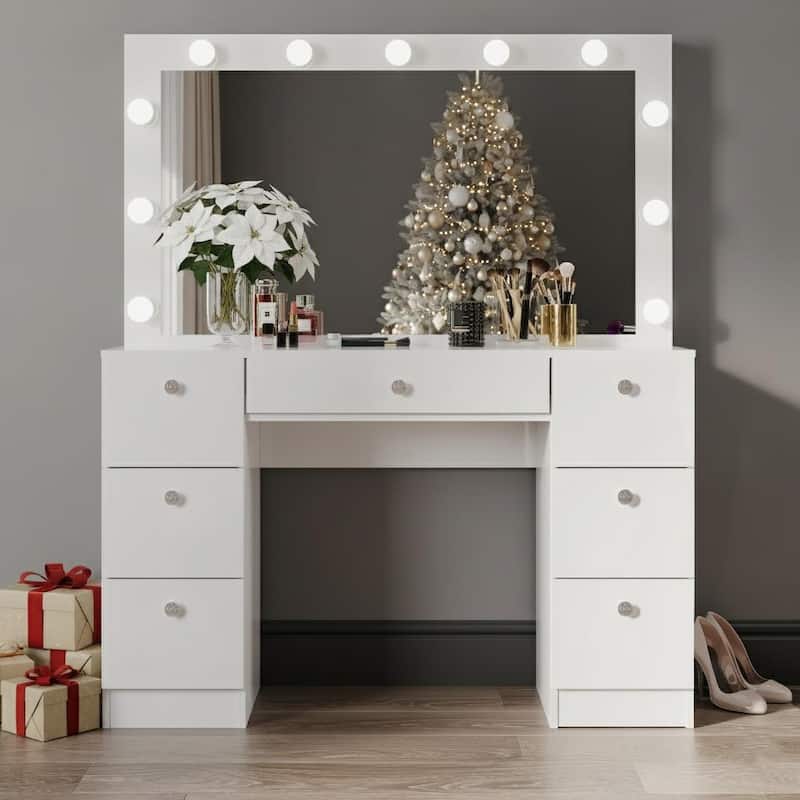 Premium Makeup Vanity with Bluetooth Speaker, Large Mirror, and 7 Drawers - White