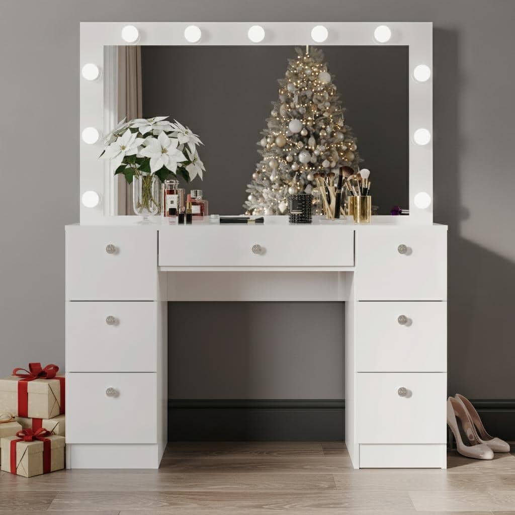 Premium Makeup Vanity with Bluetooth Speaker, Large Mirror, and 7 Drawers