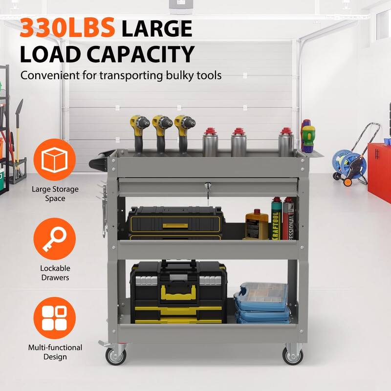 3-Tier Rolling Tool Cart on Wheels for Mechanics with Utility Drawer