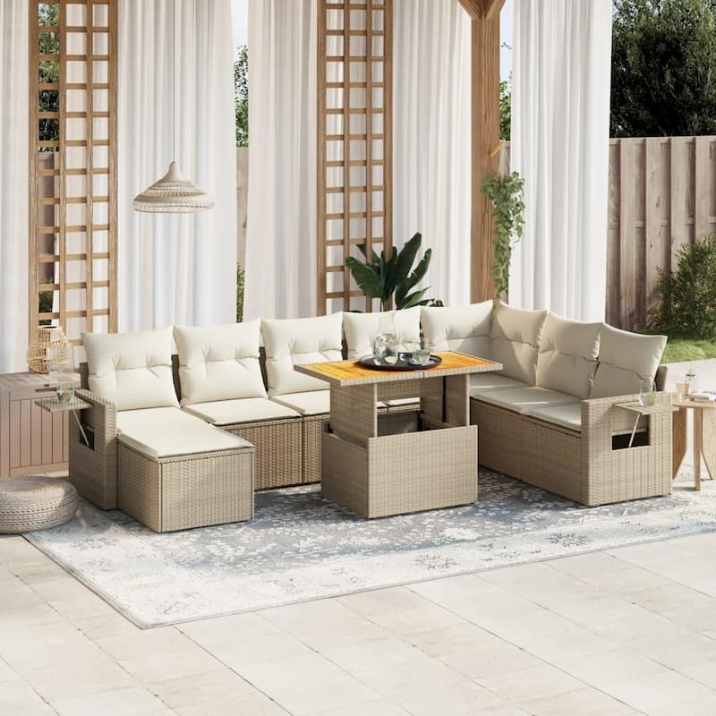 vidaXL Patio Sofa Set with Cushions Outdoor Furniture 9 Piece Poly Rattan - 21.7 x 39.4 x 28.7 - Beige and Cream-without storage