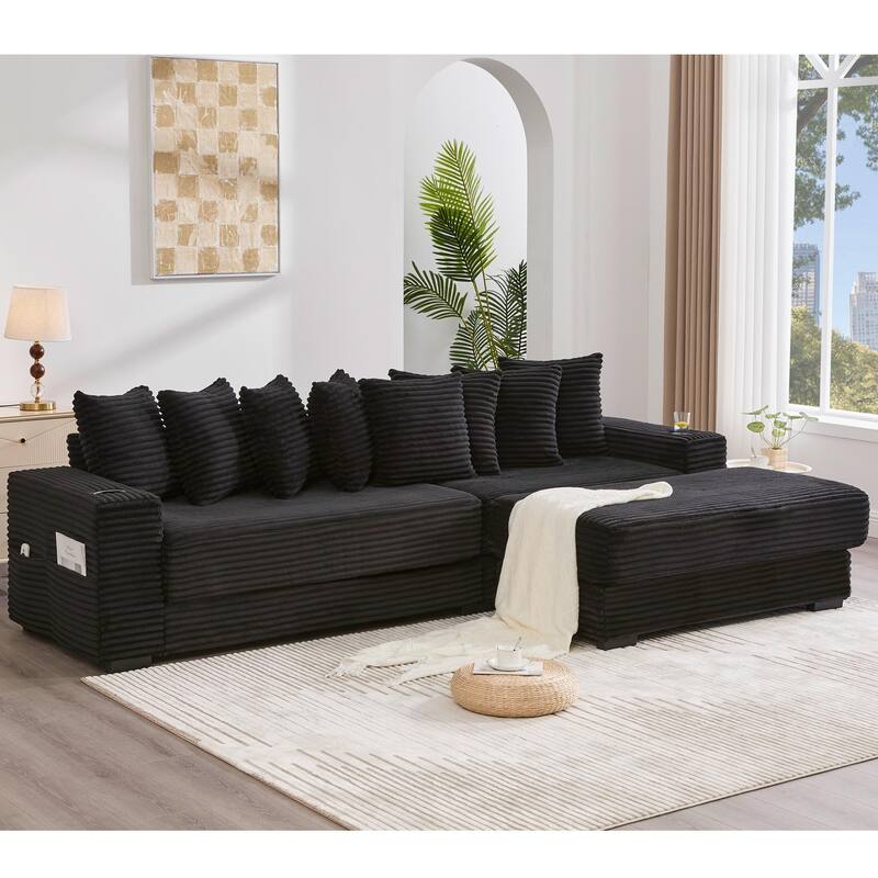 110.75" Corduroy Sectional Sofa, Convertible Sleeper Sofa Bed L-Shaped Upholstered Couch with Removable Footstool, Cup Holder