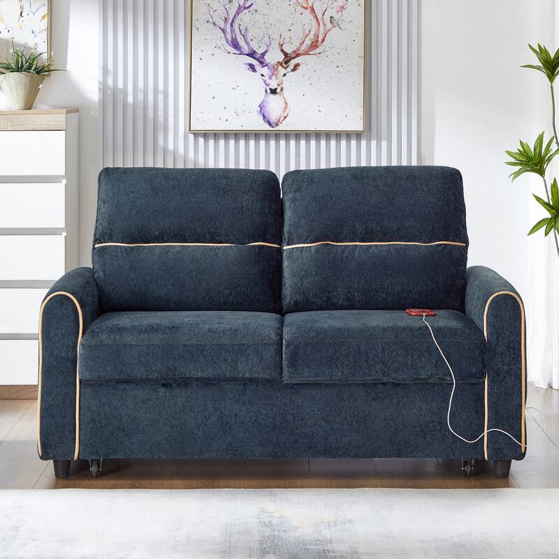 Roomfitters 58 Inch Chenille Pull Out Loveseat Sofa Bed with USB Ports and Side Storage Pockets, Modern - Blue