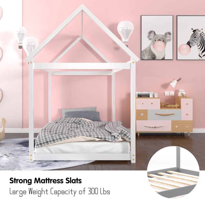 Costway Twin House Bed Wood Frame w/ Roof for Kids Toddler No Box