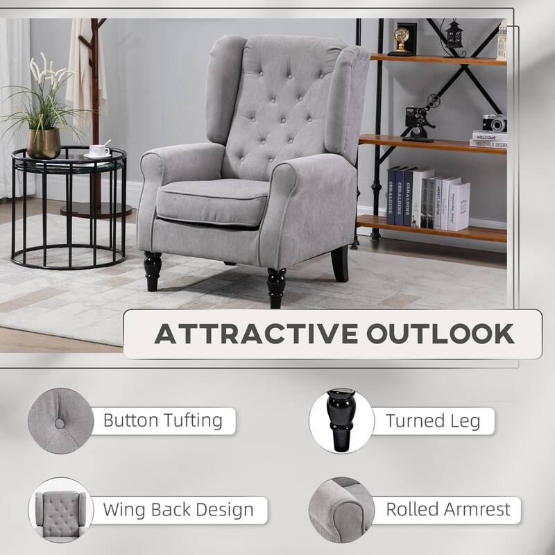 Grey Modern 29.3" High Back Upholstered Buttons Tufted Accent Chair with High Wingback and Thick Padded Seat