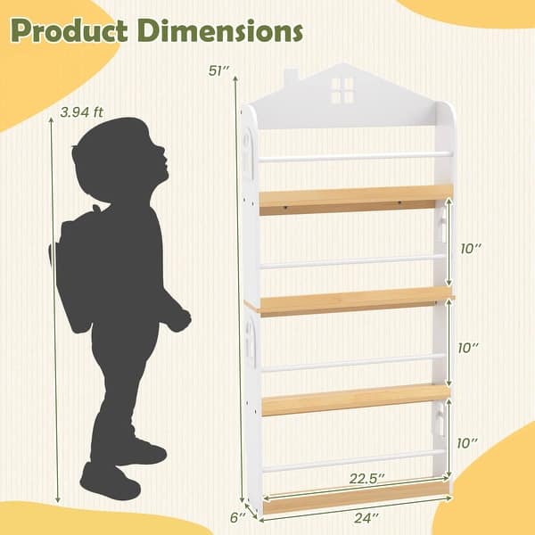 Costway 4-Tier House-Shaped Kids Bookshelf with Anti-falling Baffles - See Details