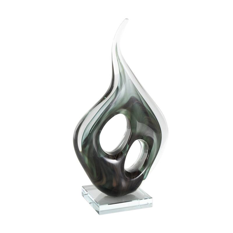 Green Glass Curved Cutout Abstract Decorative Sculpture with Swirl Patterns