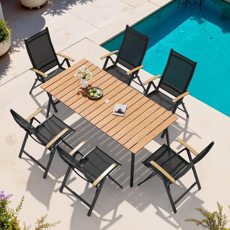 7-Piece Outdoor Patio Dining Set WPC Table Top Alumium Umbrella Hole Table with Folding Armrest Chairs