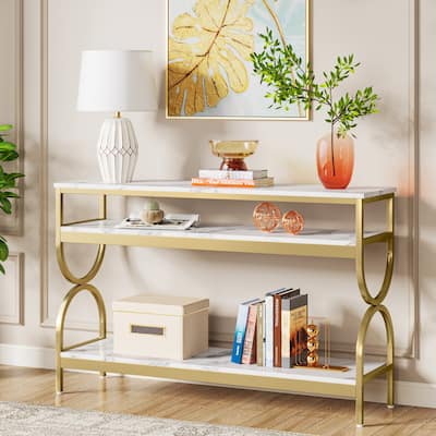 3-Tier Console Table, Elegant Sofa Table with Faux Marble Top - 55.1"L X 11.8"W