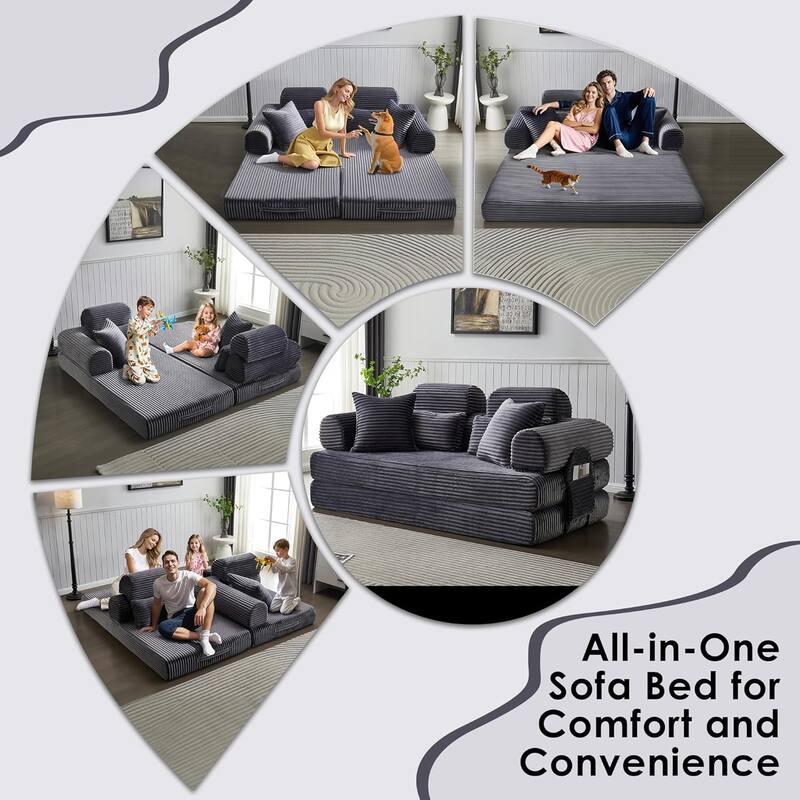 Convertible Sleeper Sofa Bed, 78.5" Corduroy Foldable Loveseat Sofa, King Size Floor Mattress Couch, No Assembly Required
