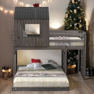 Twin Over Full House Bunk Bed with Ladder and Guardrails