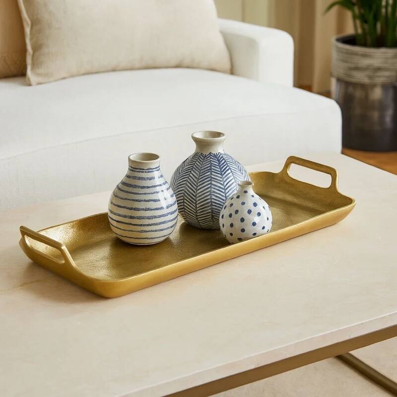 Rectangular Metal Frame Decorative Tray with Cut Out Handle, Gold