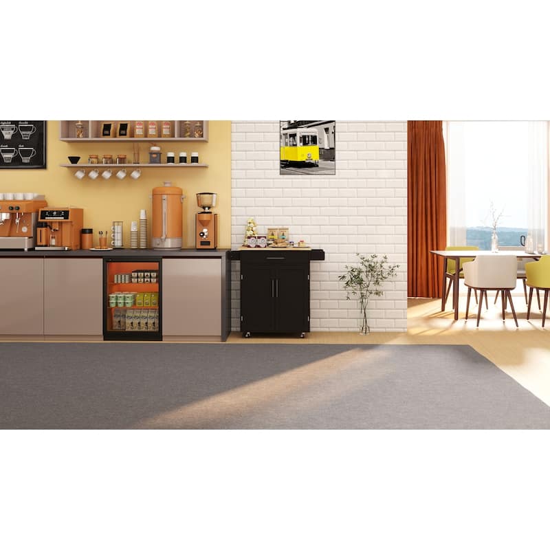 Rolling Kitchen Island with Rubber Wood Table Top, Kitchen Island Cart on Wheels with Adjustable Shelf, 1 Drawer & 2 Doors
