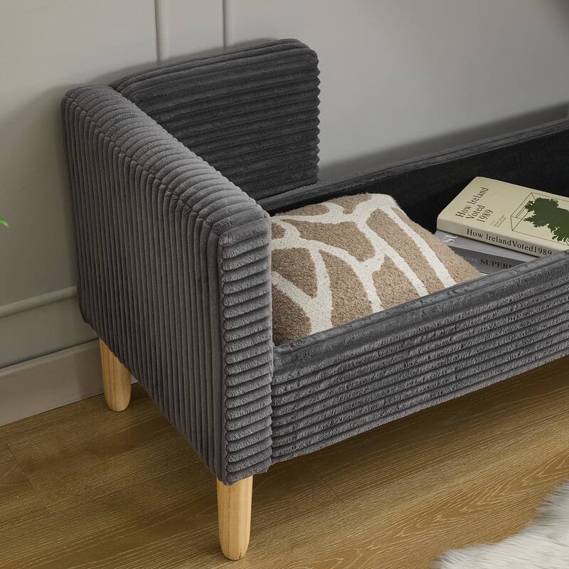 65.35" Wide Corduroy Storage Soft Bench with Armrests, Backrest and Two bolster Pillows for Living Room