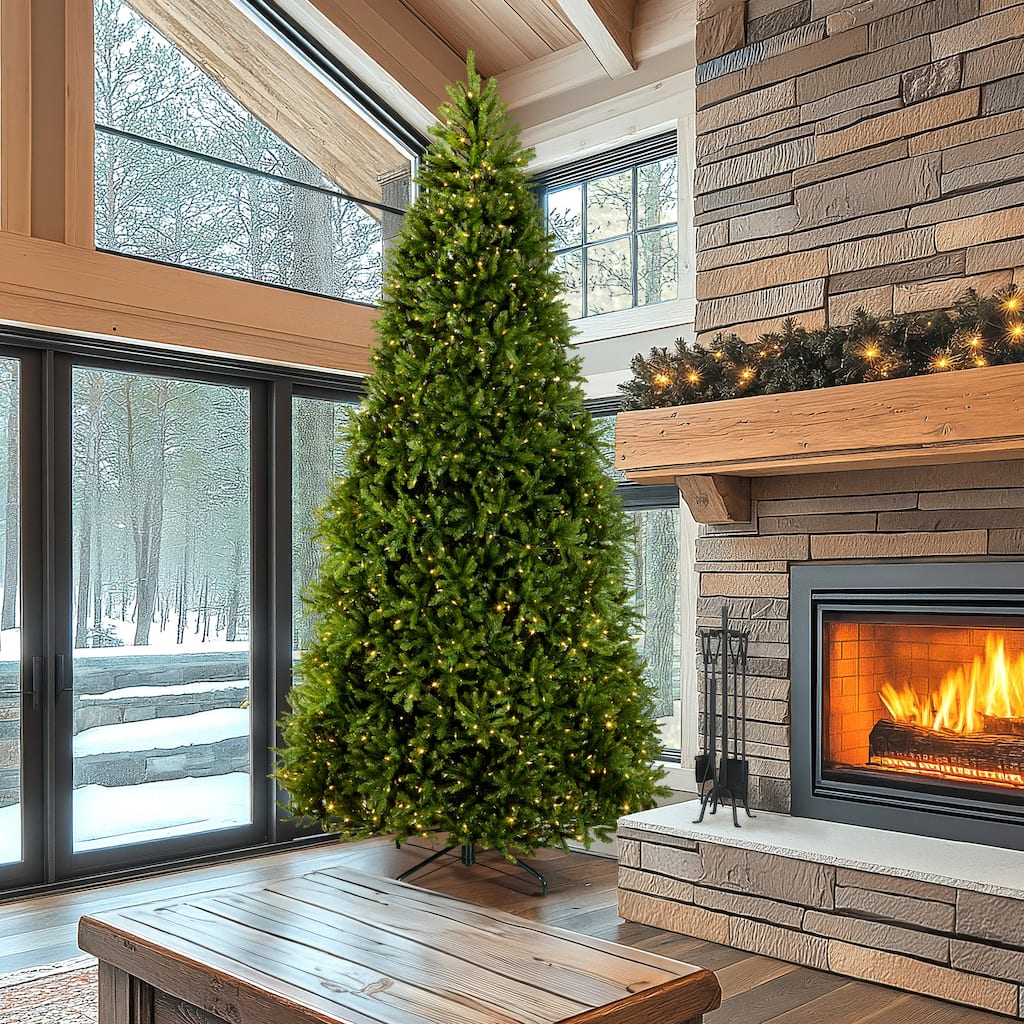 National Tree Company 12 ft Pre-Lit Dunhill Fir Artificial Christmas Tree, 1,200 LED Lights, PowerConnect, Includes Stand, Green