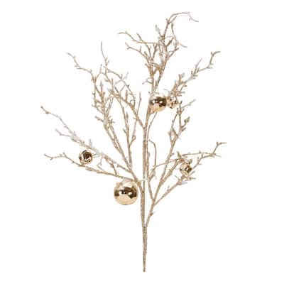 Flocked Twig Branch with Sleigh Bells (Set of 6) - N/A