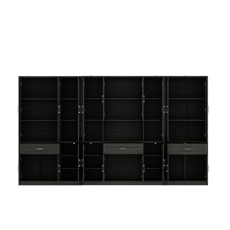 Modular Glass Door Bookcase Wall Unit with Storage Cabinets and Drawers, Dark Oak Display Hutch for Living Room or Home Office