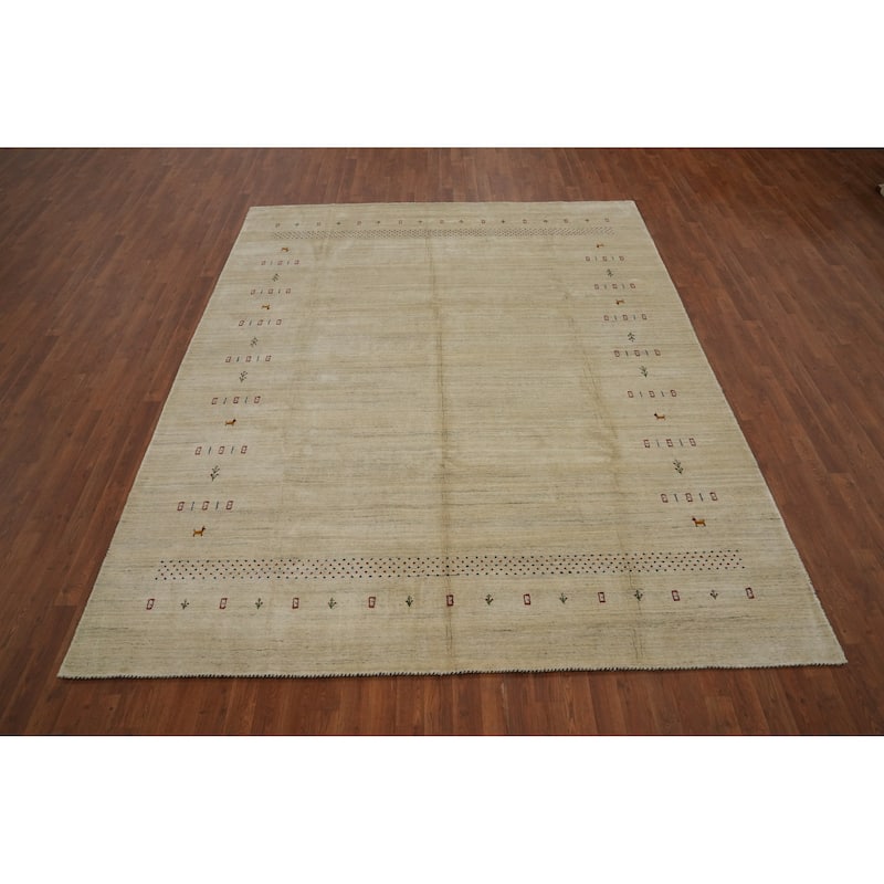 Hand Knotted Oriental 100% Wool Carpet Tribal Animal Pictorial Beige & Ivories Gabbeh Area Rug - 9' 11'' X 8' 0''