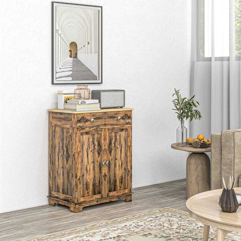 Modern Storage Cabinet with Solid Wood Countertop, 2 Drawers and Adjustable Shelf