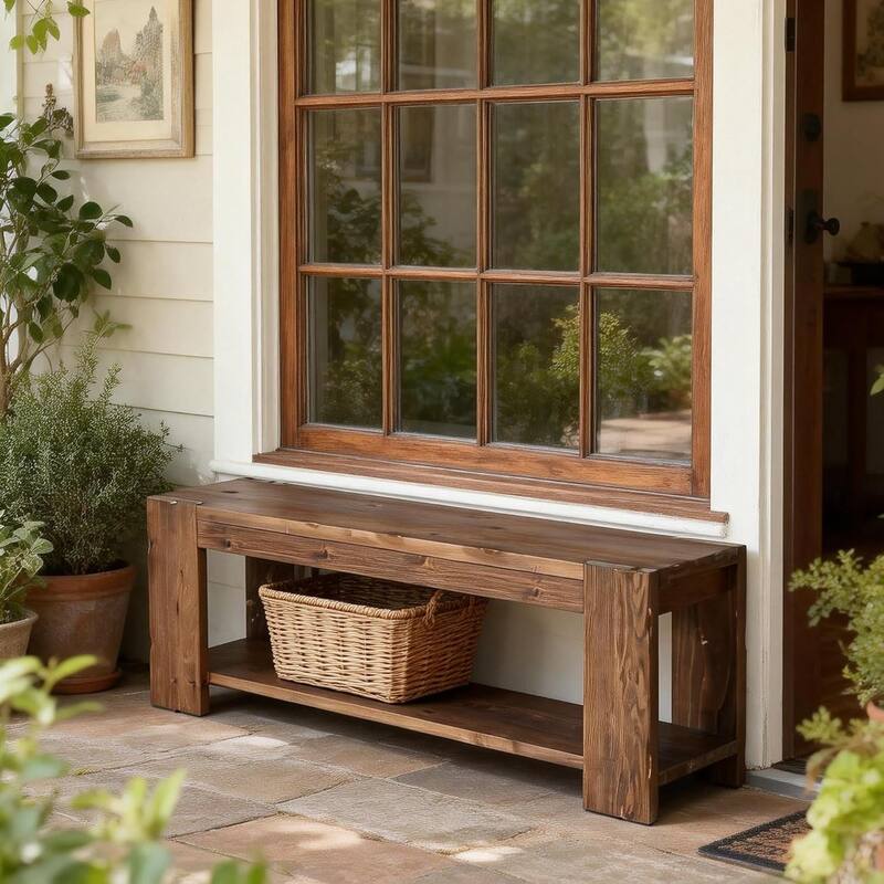 Solid Wood Entryway Bench with Storage Shelf, Wood Shoe Bench for Entrance, Hallway, Dining Room, Living Room, Mudroom, Bedroom
