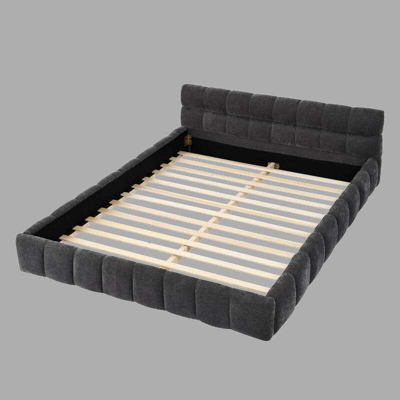 Modern Queen Size Upholstered Bed Frame with Soft Chenille Fabric & Sturdy Platform, Headboard Included - Dark Grey - Queen