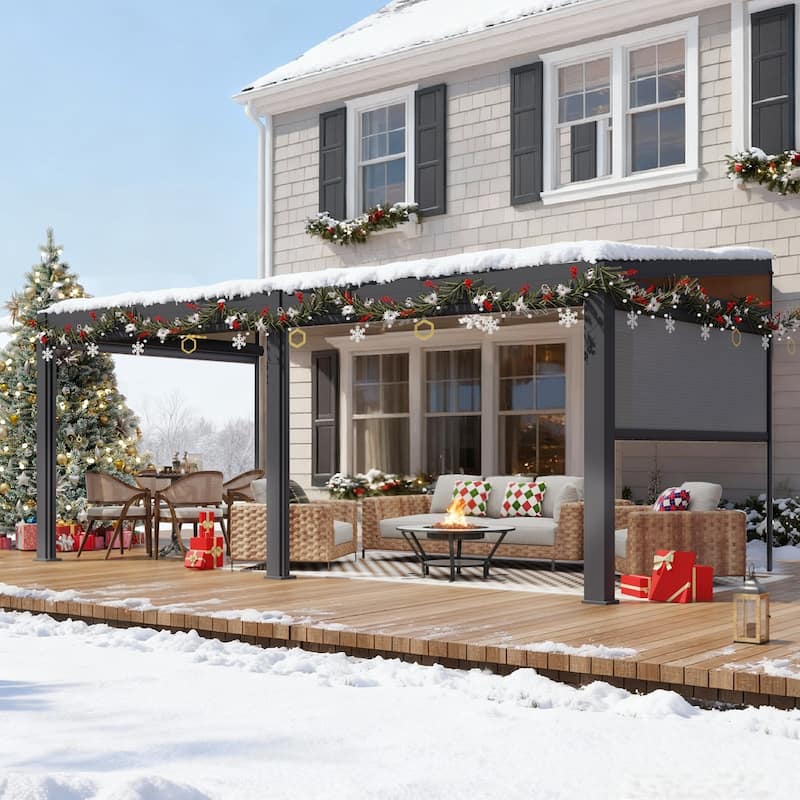 Erommy Wall-Mounted Pergola with Louvered Roof & Pull-Down Screen, Aluminum Awning for Patio or Deck - 10'x20'