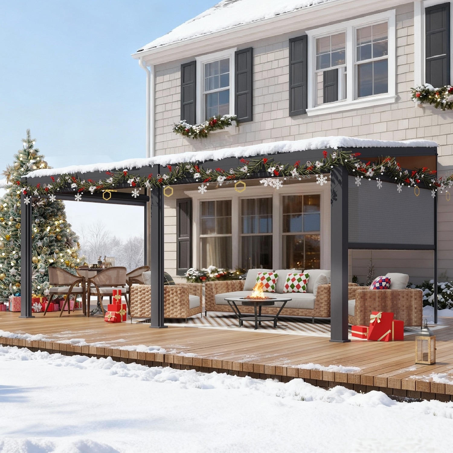 Erommy Wall-Mounted Pergola with Louvered Roof & Pull-Down Screen
