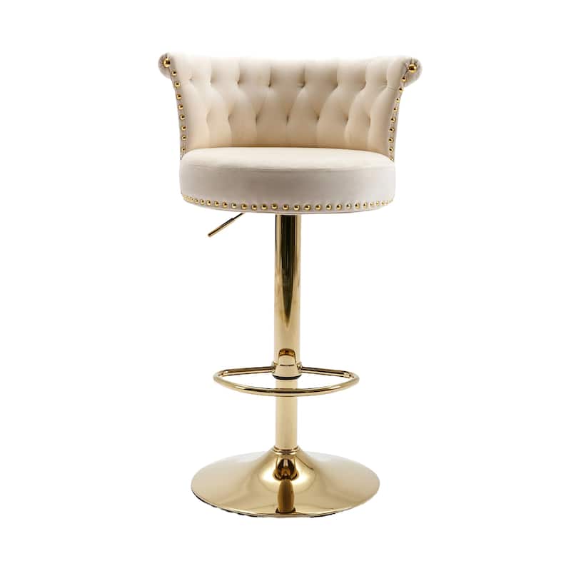 Velvet Upholstered Tufted Nailheads Swivel Adjustable Height Bar Stools With Golden Footrest(set of 2)