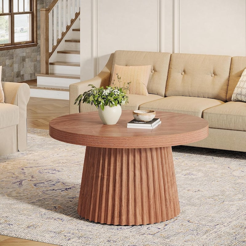 31.5" Round Modern Coffee Table Center Table with Fluted Drum Base - 31.5"W x 31.5"D x 17.7"H