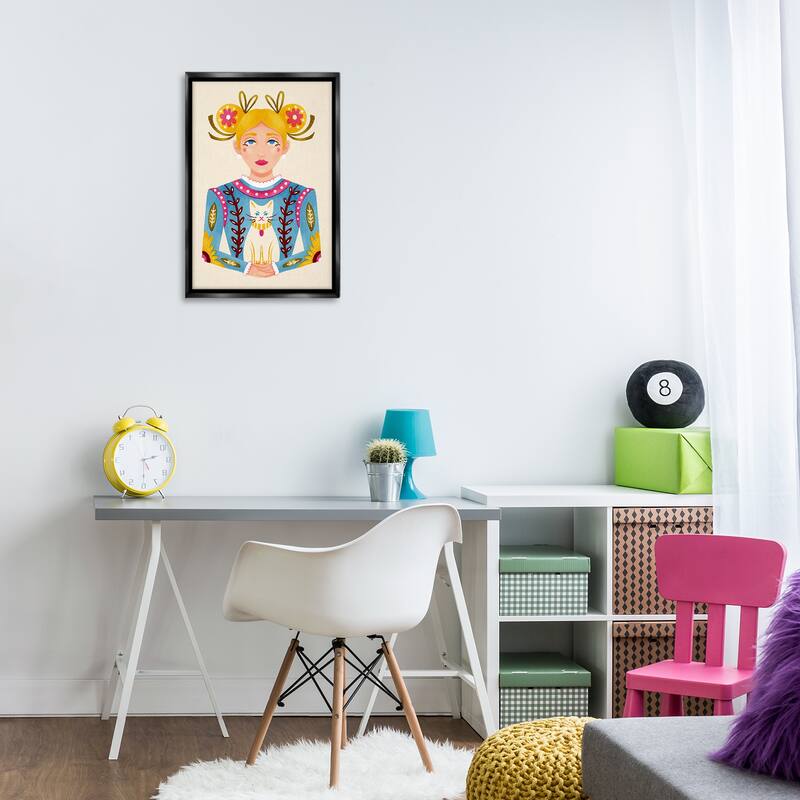 Stupell Blonde Folk Girl with Cat Framed Floater Canvas Wall Art Design By Hannah Moren
