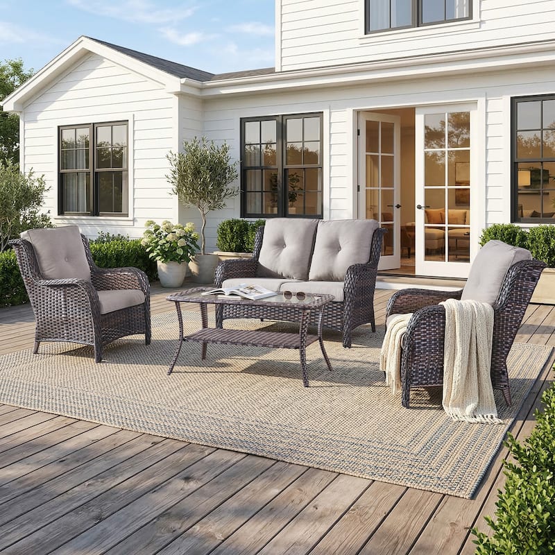 Pocassy Outdoor Patio Wciker Sofa Furniture Set of Chair Table. - Brown Wicker with Beige Cushion - 4-Piece Loveseat Sofa Chair w/ Coffee Table