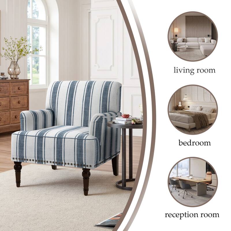 Set 2 Striped Upholstered Linen Armchair with Brass Nailhead Trim