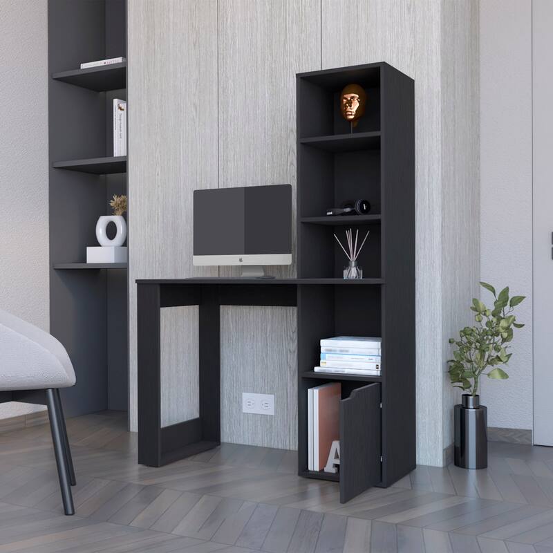 Peterson Computer Desk with 4-Tier Bookcase and 1-Door Cabinet White And Black