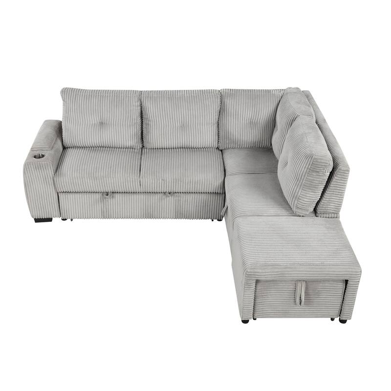 94" Corduroy Sectional Sofa Bed with Ottoman, Storage & USB Ports