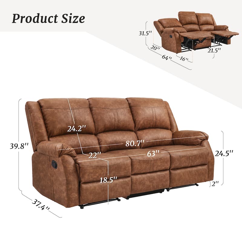 Manual Recliner,Faux Leather Reclining Sofa Set, 3-Seater Reclining Sofas For Living Room - 80.7"W X 37.4"D X 39.8"H